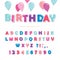 Festive colorful paper cutout font. Bright cartoon ABC letters and numbers isolated on white. For birthday posters, banners,