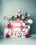 Festive composition with word LOVE greeting box with red ribbon, shopping bag with roses flowers, packing decorations