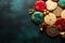 Festive cookies set against a Christmas and New Year background with glitz and glamour, rich in jewel tones.