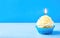 Festive cupcake with candle. Space for text