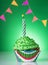 Festive cupcake with green cream and lighted candle on a bright background