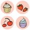 Festive cupcakes with multicolored cream, strawberries and cherries, on a round pink background. Vector illustration