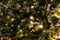 Festive decor pattern decorated christmas tree with balls, beads and garland background