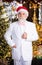 Festive decor. serious mature man white formal suit. successful businessman in event tuxedo. senior man santa christmas