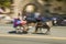 Festive decorated carriage and miniature horse make its way down main street during a Fourth of July parade in Ojai, CA
