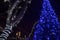 Festive decorated Christmas tree with blue led lights