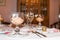 Festive decorated table with an appetizer and champagne