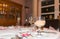 Festive decorated table with an appetizer and champagne