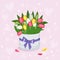 Festive decoration. Gift or Box with tulips and ribbon for Valentine\\\'s Day  Women\\\'s Day  Mother\\\'s Day