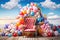 Festive decorations, a luxurious chair, a throne against a background of blue sky with multi-colored balloons. Photo zone,