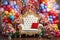 Festive decorations, a luxurious chair, a throne with pillows against the background of a wall of colorful balloons. Photo zone,