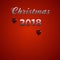 Festive Decorative Christmas 2018 Metallic Text with Fluorescent Red Edges and Christmas Heart Shaped Baubles Over Red Background