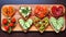 Festive delicious bread toasts with various vegetables, heart-shaped, on a wooden board