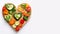 Festive delicious toasts with vegetables, heart-shaped, on white background