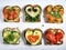 Festive delicious toasts with vegetables, heart-shaped, on white background