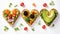 Festive delicious toasts with vegetables, heart-shaped, on white background