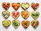 Festive delicious toasts with vegetables, heart-shaped, on white background