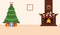 Festive design of the room. Brick fireplace, Christmas wreath, milk and cookies for Santa, festive decorated tree and gifts. Illus