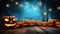 festive display of carved pumpkins on a rustic wooden table