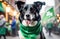 A festive dog in a Saint Patrick\\\'s Day bandana, with a defocused background of a bustling outdoor celebration