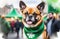 A festive dog in a Saint Patrick\\\'s Day bandana, with a defocused background of a bustling outdoor celebration