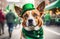 A festive dog in a Saint Patrick\\\'s Day bandana, with a defocused background of a bustling outdoor celebration