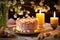 A festive Easter cake as the focal point of a beautifully decorated table, with the glow of candles and the beauty of