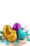 Festive Easter colored eggs on white background. 3d rendering promotion sale or greeting card created with AI generative