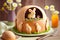 festive easter dessert of baked round caramel easter lamb cake