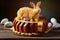 festive easter dessert of baked round caramel easter lamb cake