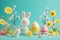 A festive Easter display featuring a cute white bunny, decorated eggs, and vibrant spring flowers against a turquoise background.
