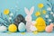 A festive Easter display featuring a cute white bunny, decorated eggs, and vibrant spring flowers against a turquoise background.