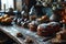 festive Easter scene with cakes and eggs set against the backdrop of a charming church