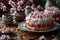 festive Easter scene with cakes and eggs set against the backdrop of a charming church