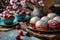 festive Easter scene with cakes and eggs set against the backdrop of a charming church