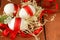 Festive eggs decorated with red ribbon - symbol of Easter
