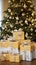 Festive Elegance: Beautiful Christmas Tree with Presents on Table - Closeup