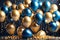 Festive Elegance: Realistic Festive Backdrop, Golden and Blue Balloons Floating Amidst Cascading Confetti, Background Celebration
