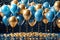 Festive Elegance: Realistic Festive Backdrop, Golden and Blue Balloons Floating Amidst Cascading Confetti, Background Celebration