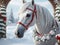 Festive Elegance: White Horse Wearing Christmas Wreath in the Snow.
