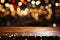 Festive empty scene wooden table, bokeh lights, and New Year