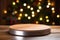 Festive empty wooden table top for product display with glowing christmas tree lights background