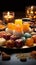 Festive ensemble Group of Indian mithai sweets adorned with a decorative diya