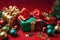 festive environment with Christmas gifts and decorations on a red background