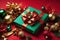 festive environment with Christmas gifts and decorations on a red background