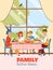 Festive family dinner - cartoon poster with parent and children eating