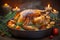 Festive feast Roast turkey or chicken in an old pan with vegetables