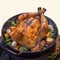 Festive feast Roast turkey or chicken in an old pan with vegetables