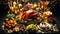 Festive feast: roast turkey, vegetables dishes,cheese board and sauces.Concept of Christmas or New Year dinner
