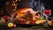 Festive Feast: Roasted Thanksgiving Turkey on a Decorated Table. Generative ai